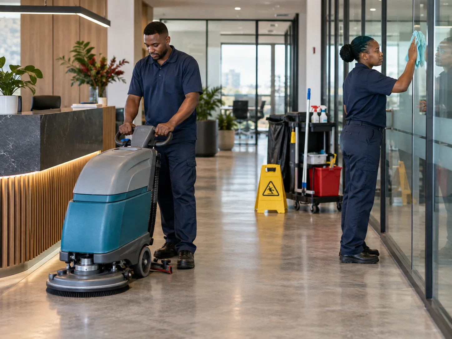 Professional cleaners servicing a commercial office