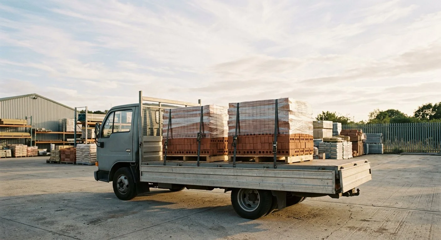 Flatbed truck loaded with pallets of brick