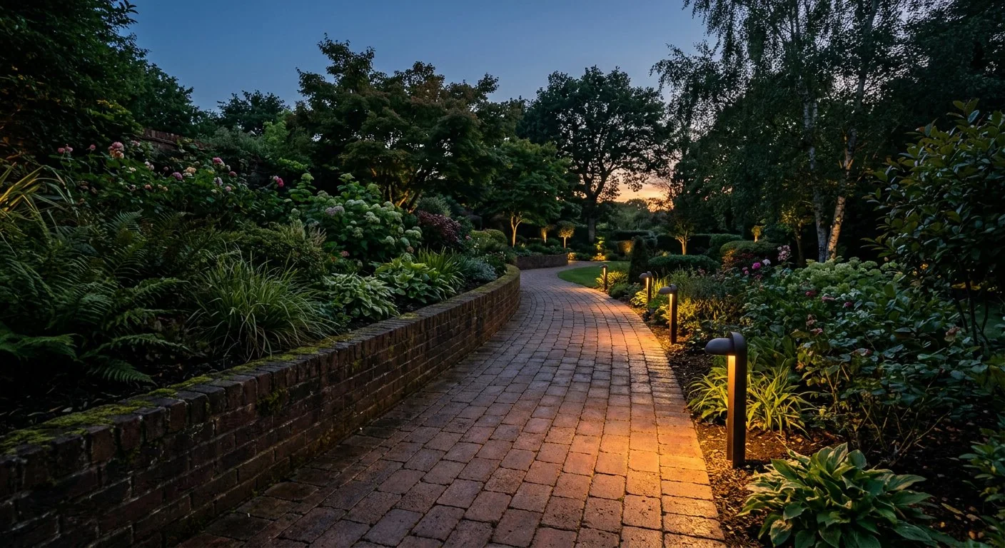 Garden path lighting at dusk