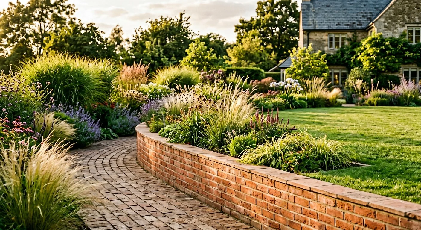 Completed garden with brick retaining wall, planting and paver path