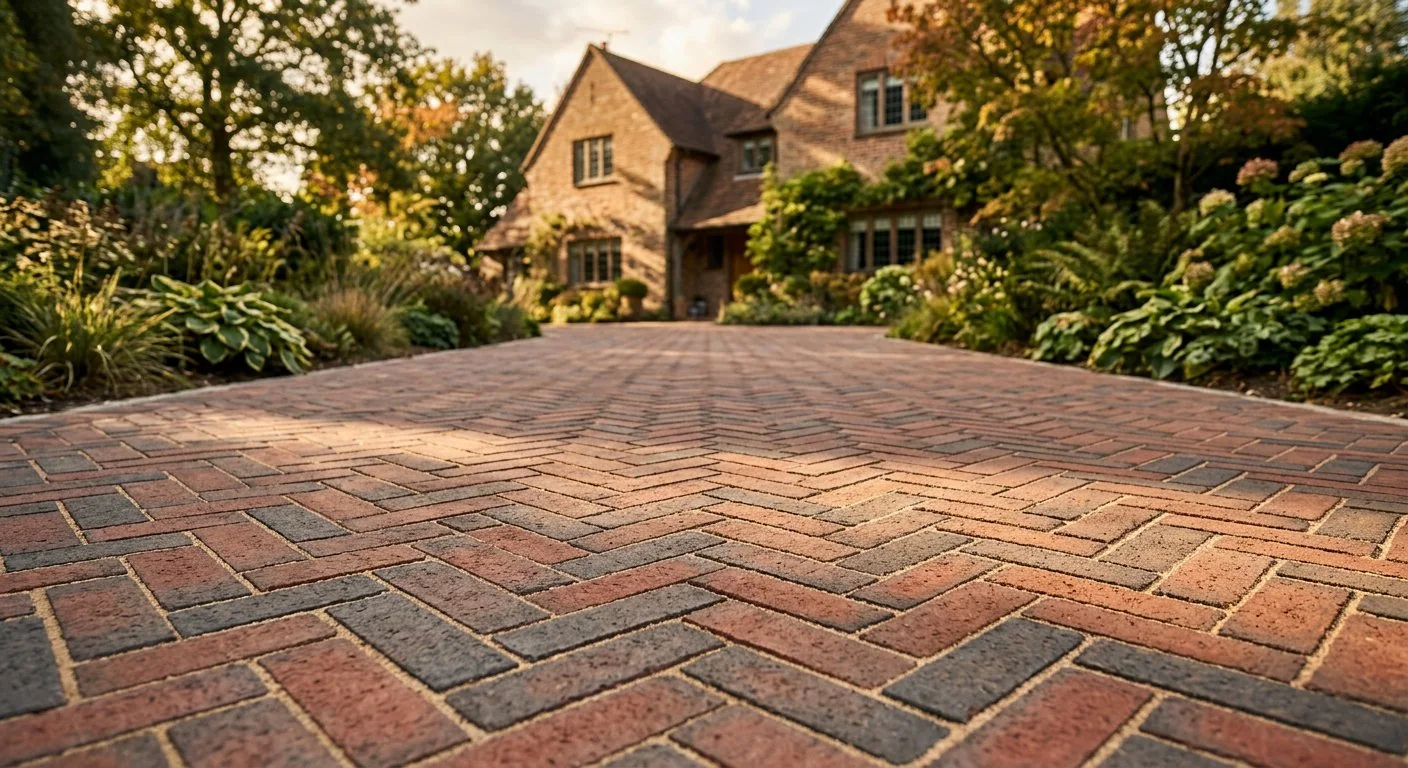 Clay paver driveway laid in herringbone