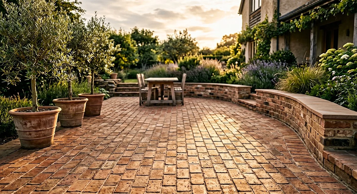 Clay paver patio with seat wall