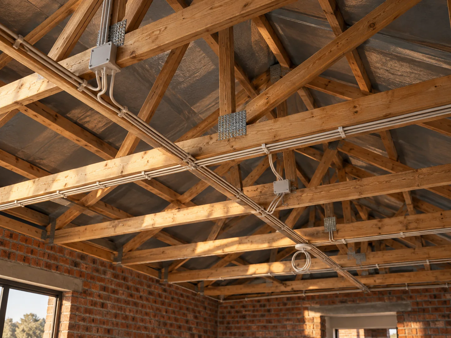 Roof trusses and service cabling before ceiling close-up