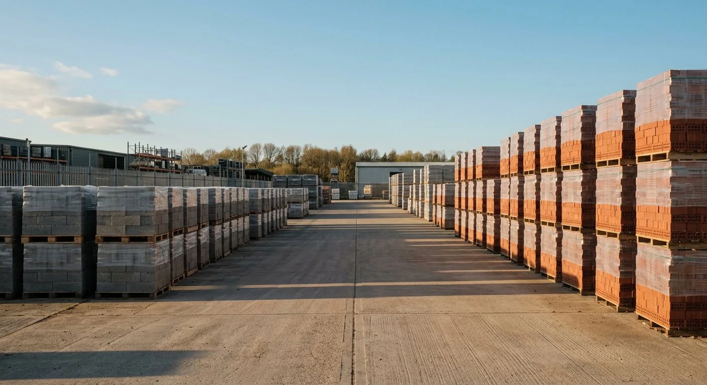 Palletised bricks staged in the yard